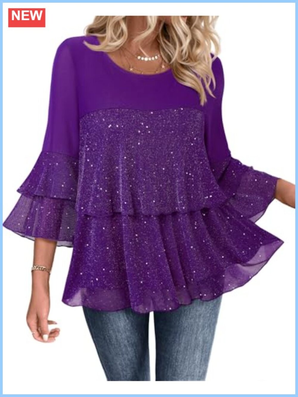 Womens Sparkly Peplum Top 3/4 Bell Sleeve Ruffle Evening Blouse